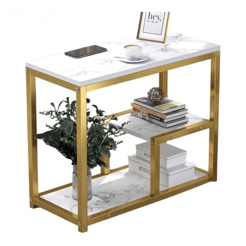 miluFoxサイドテーブルサイドテーブル大理石木製天板金脚リビングソファテーブル玄関テーブル寝室テーブルカウンターテーブルソファ横長方形サイズシンプルでおしゃれ北欧風 (白大理石柄色+金フレーム,60*40*68cm)