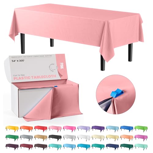 Image of Exquisite Party Solids 54 Inch X 300 Feet Pink Plastic Table Cover Roll in A Cut - to - Size Box with Convenient Slide Cutter. Cuts Up to 36 Rectangle 8 Feet Plastic Disposable Tablecloths
