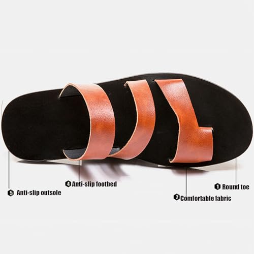 Men's Leather Strappy Toe Loop Flat Sandals,Summer Comfortable Slip-on Non-Slip Beach Flip Flop Outdoor Flat Slippers Fashion Casual Walking Shoes3
