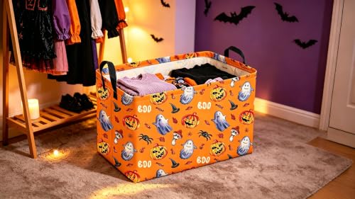 Image of Sanjiaofeng Rectangular Halloween Horror Ghost Storage Basket,Terrifying and Thrilling Party Basket,Halloween Candy Storage Baskets with Handles(Scary Pumpkin)