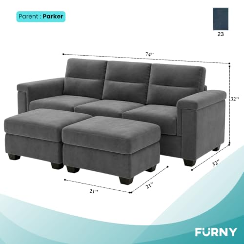 Image of FURNY Parker 3 Seater Sofa Set with 2 Ottomans | Premium Suede Velvet Fabric Finish | Durable Comfort Sofa for Modern Living Room & Office Spaces