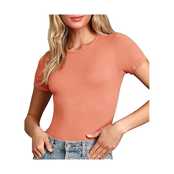 TARAINYA-Womens-Bodysuit-Tops-Ribbed-Short-Sleeve-Long-Sleeve-Crewneck-T-Shirts-Basic-Bodysuits TARAINYA Women's Bodysuit Tops Ribbed Short Sleeve Crewneck T Shirts Basic Bodysuits Orange L