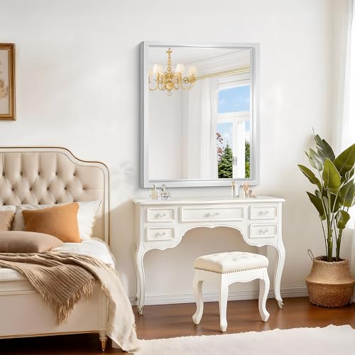 Image of 36x30 Silver Bathroom Mirror, Brushed Silver Rectangular Mirror for Wall, 0.6 inch Thickened Deep Frame Mirrors for Bathroom Sink, Shatterproof Tempered Glass, Antirust, Horizontally or Vertically