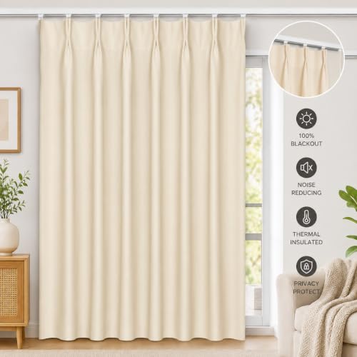 Image of KALIYO Off White Blackout Pinch Pleat Curtains for Living Room & Bedroom | Room Darkening Curtains | Pinch Pleat Header| Noise Reducing | 5 FT | Pack of 1