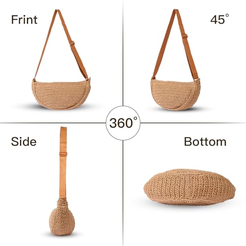 Straw Crossbody Bag Woven Purse for Women – Handmade Crochet Shoulder Bag, Summer BeachBag Vacation Straw Purse,Beige Brown3
