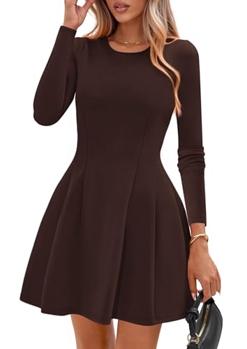 PRETTYGARDEN Long Sleeve Mini Dress for Women 2025 Fall Crewneck Knit Pleated Babydoll A Line Soft Casual Short Party Dresses (Brown,Medium)