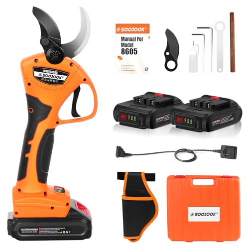SOOJOOK 8605 Tijeras de Podar Electricas, 40mm Tijeras de Podar Profesional, 1050W 2x21V 2A Progresivo Tijeras de Podar Bateria, Con Cable de Extensión de 1.2M