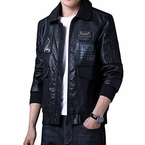 HXKJ Herren Neue Multi-Taschen-Lederjacke Revers PU-Druck bestickte Lederjacke Motorrad Lederjacke Black-XXXL Cover