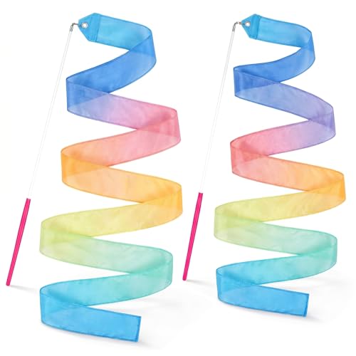 Image of YGEOMER 2Pcs 100% Pure Silk Ribbon Dancer Wand for Kids, Gymnastics Ribbon & Pastel Rainbow Streamers for Maypole Dance, Birthday Party & Easter Gift Ballerina Toys for Toddler Girls