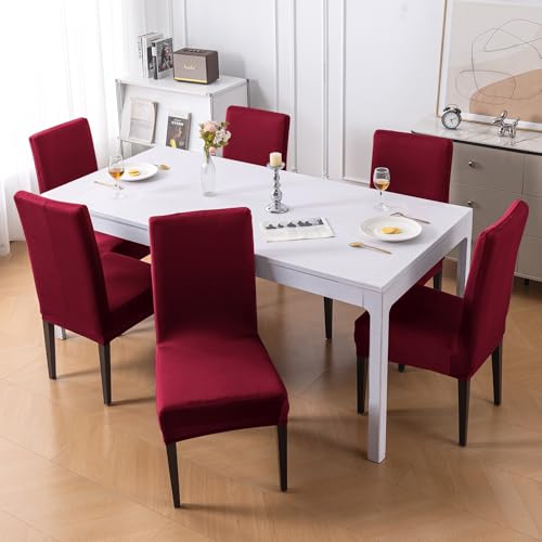 Image of HOKIPO 'SereneSolids' 140 GSM Stretchable Dining Chair Cover - Set of 6, Burgundy (AR-6246-BRGN)