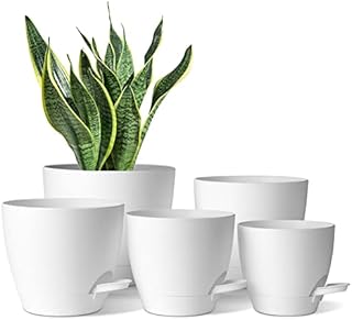 T4U Plastic Plant Pots Indoor, Self Watering Plant Pots Pack of 5, White Flower Planter with Drainage, Small Large Round Pots for Snake Plant, Orchid, Lily, Aloe, African Violet and House Plant