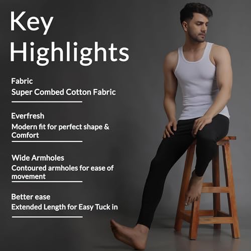Image of Wearslim Premium Round Neck Super Combed Ultra Soft Cotton Vest for Man, Slim Fit Sleeveless Tank Tops Undershirts for Men with Extended Length for Easy Tuck