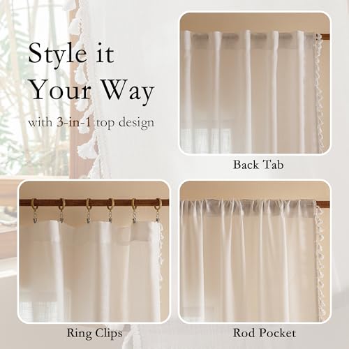Image of MYSKY HOME Semi Sheer Light Filtering White Bohemian Curtains for Sliding Door 96 Inches Long，Back Tab Ceiling Curtains with Tassel for Living Room Bedroom, 50 inch x 96 inch，Pure White，2 Pieces