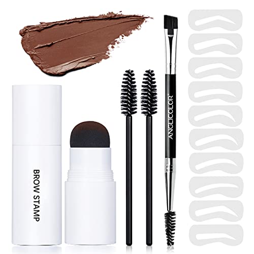 Anglicolor Eyebrow Stamp Stencil Kit Light Brown, Perfect Eyebrow Stamp Kit Waterproof Long-Lasting for Eyebrow Makeup Tool, Eyebrow Pomade, 10 Styles Reusable Eyebrow Stencils, 3 Eyebrow Pen Brushes