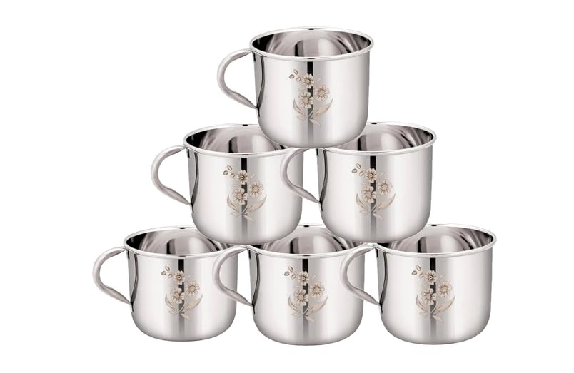 Image of One Bro Stainless Steel Tea Coffee Cup Set of 6, 150 ML Flowe Print Laser Finished Laser Finished, Flower Print Design, Sober Shape, Rust-Resistant Steel, Easy Grip Handle