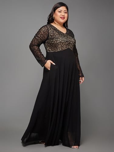Image of Miss Chase A+ Women's Floral Printed Relaxed Fit V -Neck 3 /4Th Sleeve Georgette Maxi Dress