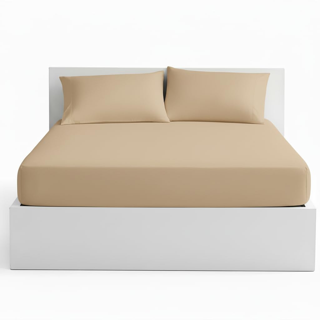 Linen Tribe Plain Dyed Fitted Sheets With Matching Pillow Cases 40cm (16inches) Deep Pocket Percale Non Iron Anti Allergy 2 Piece Bed Sheet Set (Latte, Single)