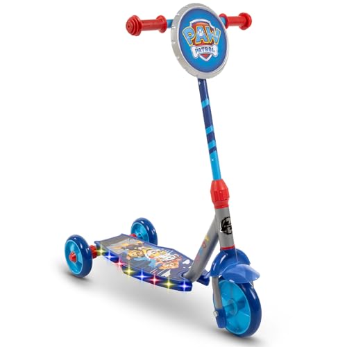 Huffy Paw Patrol Toddler 3-Wheel Scooter for Toddlers Lights Up with 42 Multi-Color LEDs Stable Wide Deck Kick Scooter Ages 3+ Max Weight 60lbs Beginner Riders Paw Patrol Graphics