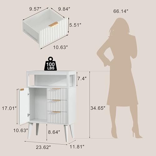 Image of White Bathroom Floor Cabinet with 3 Fluted Drawers & Door, Modern Storage Sideboard with Open Shelf, Coffee Bar Station for Living Room, Entryway, 23.6 x 11.8 x 34.6 Inches