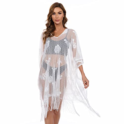 TOEECY Robe de Plage Femmes Ete Bikini Cache-Maillots Col V Dentelle Gland Boho Chic Loose Paréo de Plage pour Maillot de Bain Plage Bikini Cover Up Beachwear pour Vancances(Blanc)