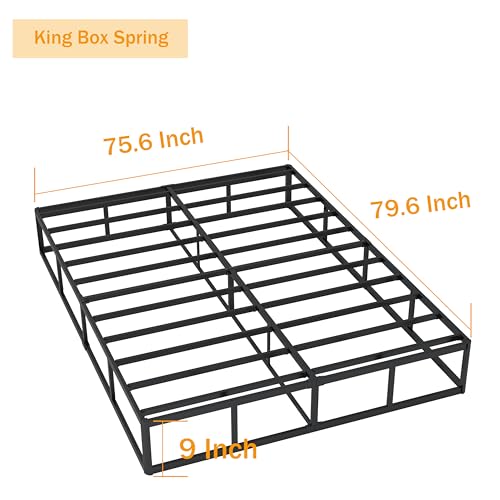 SHLAND Box Springs King Size 9 Inch High Profile Box Spring Strong Metal Frame Mattress Foundation with Fabric Cover, Easy Assembly