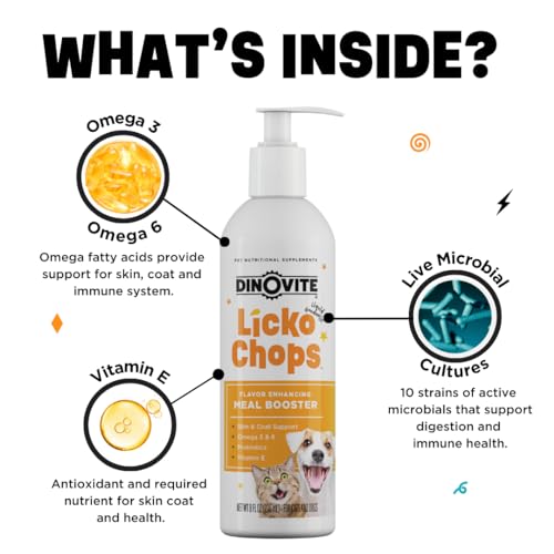 Dinovite Lickochops for Dog & Cat Supplement Enhanced with Omega-6, 3 Fatty Acids, Probiotics and Vitamin E, 16 oz with Pump