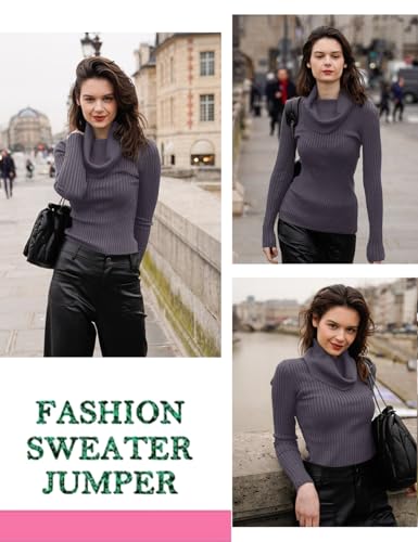 Image of v28 Women's Stretchable Cowl Neck Knit Long Sleeve Slim Fit Bodycon Sexy Sweater