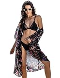 Ekouaer Women's Beach Open Front Cover Up Kimono Long Chiffon Cardigan Black