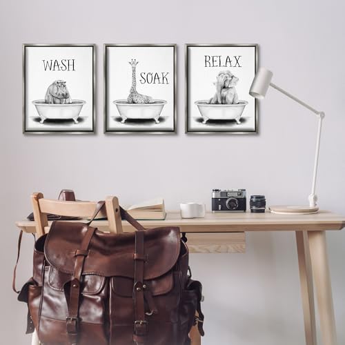 Image of Jungle Animals Bathroom Signage, 16 x 20 Inch Canvas in Floater Frame Set | Stupell Industries . By Rachel Nieman . Ready to hang . Great for bath and laundry . Made in USA