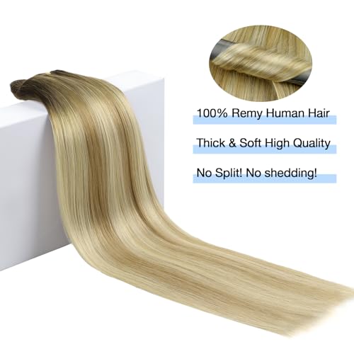 Image of DOORES Clip in Hair Extensions Real Human Hair, Light Ash Brown to Light Blonde Highlighted Golden Blonde 16 Inch 7pcs 120g, Remy Human Hair Extensions Clip in Straight Thick Hair Extensions