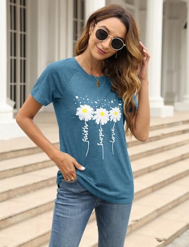 EADINVE Women Crewneck Daisy Print Short Sleeve T-Shirts Summer Faith-Hope-Love Tees Loose Fit Graphic Tops 20253