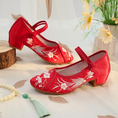 2025 Women's Elegant Satin Flower Embroidered Shoes Chinese Traditional Ancient Style Hanfu Shoes Stage Performance Oriental Shoes to Match Cheongsam Dresses(Red,7)4
