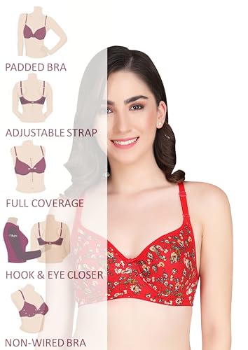 Image of Women Padded Printed Bra - Made of Pure Cotton Full Coverage Non Wired Seamless Pushup Soft Cup for T-Shirt Saree Dress Sports Garment for Daily Use Everyday Black