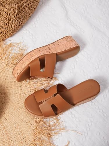 Image of Coutgo Women's Platform Wedge Sandals Open Toe Slip On Slides Cork Heeled Cutout Comfortable Summer Shoes