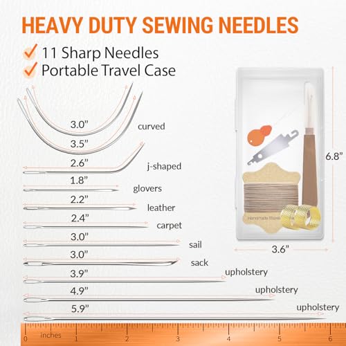 VONEEDL Upholstery Repair Kit: Waxed Sewing Thread (Khaki Color) & Heavy Duty Needles (11 PCS) for Leather, Canvas & Quilting Thread