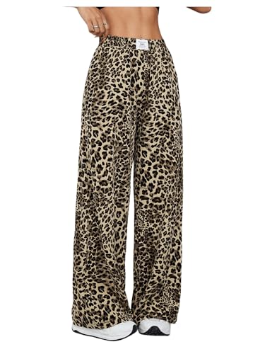 Milumia Women's Leopard Print Elastic Waisted Wide Leg Long Pants Trousers
