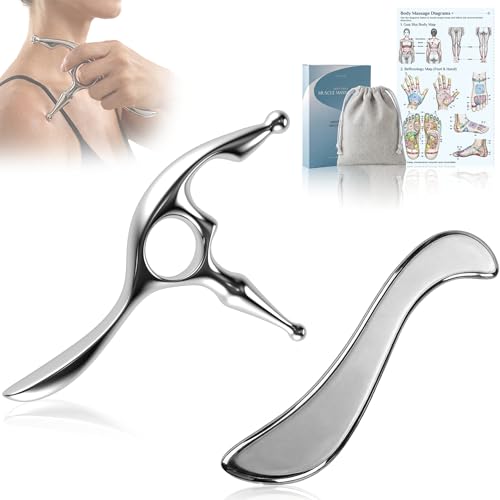 Rena Chris Trigger Point Massage Tool & Muscle Scraper Tool Stainless Steel Body Gua Sha Tool for Deep Tissue Pain Relief & Fascia Release with Travel Pouch & Guide (2-Piece Kit)