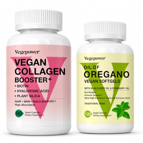Beauty & Wellness Bundle, Vegan Collagen Booster Capsules + Oil of Oregano Vegan Softgels, Hair Skin Nails Support & Immune Support Supplement