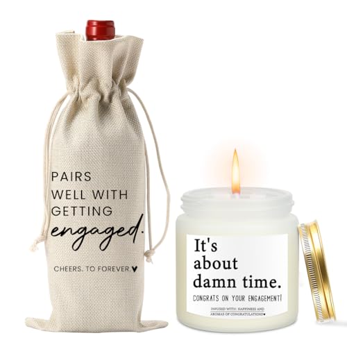 Image of Engaged Gifts Engagement Gifts for Couples Her Engagement Party Decorations | Gift for Couple Wine Bag Scented Candles Set Pairs Well with Getting Engaged Wine Bag It's About Damn Time Candles