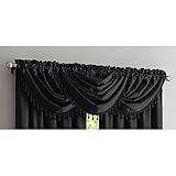 PREMIUS Crushed Satin Rod Pocket Panel and Waterfall Valance with Decorative Fringe Window Treatments, Curtain Set for Your Home, All Sold Separately (Black, Valance - 48X37 Inches)