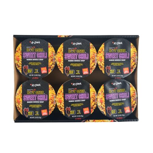 image for A-Sha x Hot Ones Spicy Ramen Noodle Soup Cup, 6 Pack, Sweet Chili (Mil