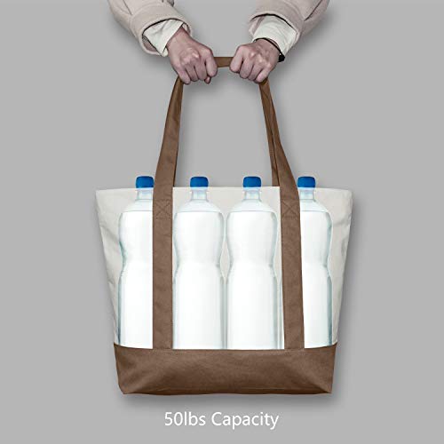 Image of TOPDesign 1-Pack Canvas Tote Bag with an External Pocket, Reusable Grocery Shopping Bag, Top Zipper Closure, Daily Essentials (Brown /Natural)