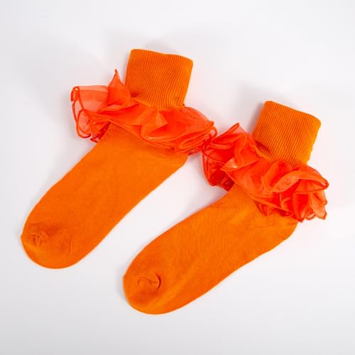 Image of Women Big Ruffle Ankle Socks Adult Double Lace Frilly Turn Cuff Dress Socks Cotton Cute Fancy Bobby Crew Socks