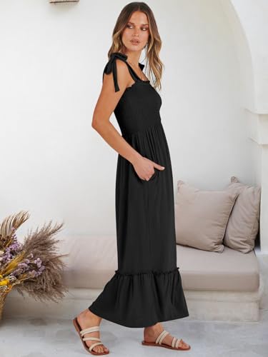 Image of ANRABESS Women Summer Casual Strap Smocked Maxi Flowy Tiered A Line Beach Travel Sundress Wedding Guest Outfits