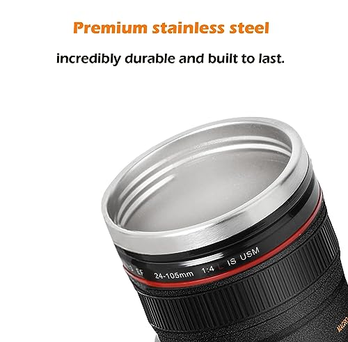 Coffee Mug, Funny Camera Lens Mug, Travel Coffee Cup with Lid, Insulated Tumbler for Hot Ice Coffee Cola Milk Tea | Ideal Gifts for Photographers Sweeties Men Women Birthday Xmas (350ml, Black)