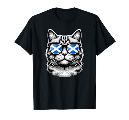 Scottish Cat Wearing Sunglasses with Scotland Flag T-Shirt