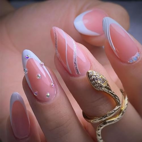 Image of White French Tip Press on Nails Silver Wave Glue on Nails with Rhinestone Design Nude Acrylic Fake Nails Glossy Artificial Nail Medium Almond Shape False Nails for Women Girls Manicure 24Pcs