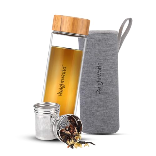 Teeflasche mit Sieb to Go - Trinkflasche 500ml aus Borosilikatglas - BPA-frei & Bleifrei - Thermo Glasflasche mit Teesieb aus Edelstahl, Bambusdeckel & Hülle - Tea Infuser von WeightWorld Teeflasche mit Sieb to Go - Trinkflasche 500ml aus Borosilikatglas - BPA-frei & Bleifrei - Thermo Glasflasche mit Teesieb aus Edelstahl, Bambusdeckel & Hülle - Tea Infuser von WeightWorld