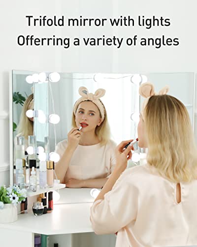 Likein Corner Makeup Vanity Desk With Mirror And Lights, Bedroom Vanity Table With Lighted Mirror 5 Drawers And Storage Shelf For Women Girls White #TOP1