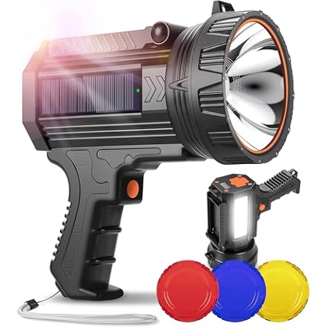 YIERBLUE Rechargeable Spotlight Flashlight with Solar Panels, 1000,000 High Lumen Outdoor Handheld Spot Lights and Flood Light, Foldable Stand and 3 Colors Lenses for Boating Hunting and Camping Cover